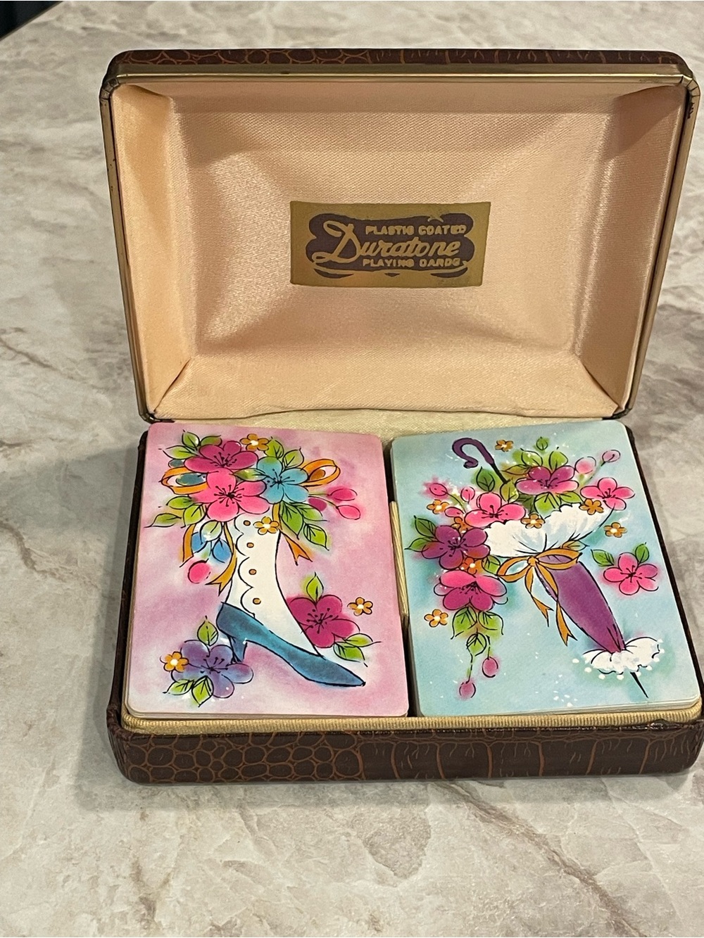 Vintage Duratone Floral Ladies Card Case Set - Pink & Light Blue